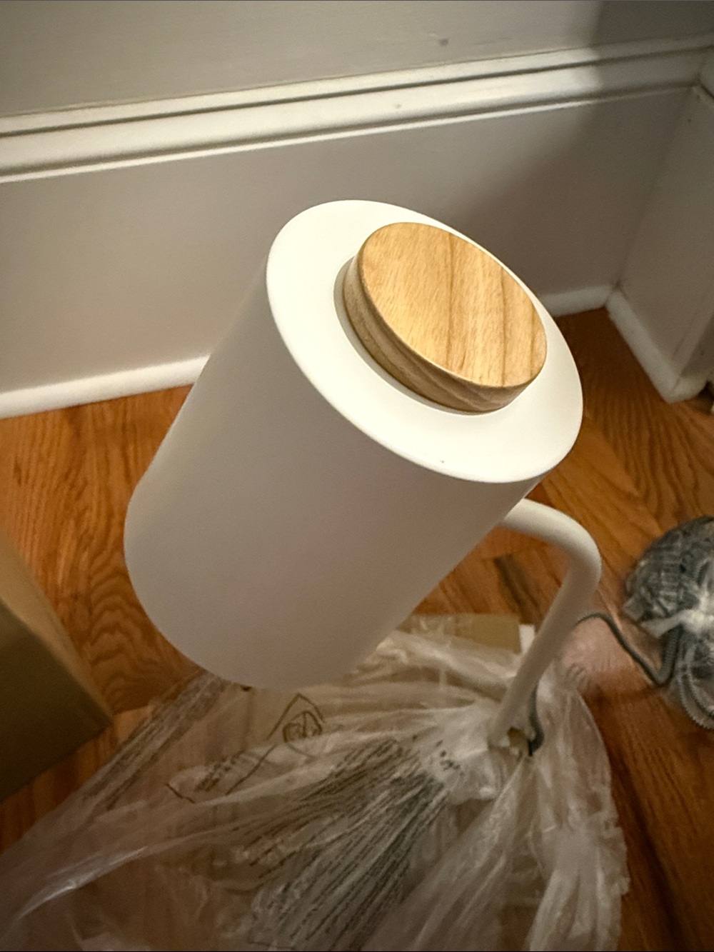 Modern Adjustable Desk Lamp in Natural Wood & White. Phone charger on the base.